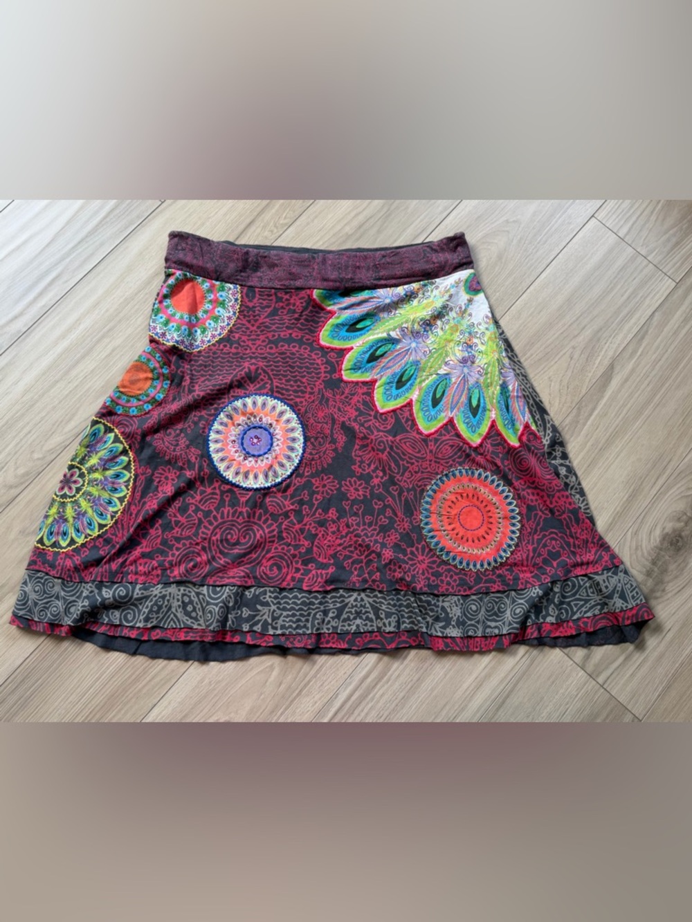 Desigual Embroidered Bohemian Multicolored Floral A-Line Skirt Euro Art A-line L